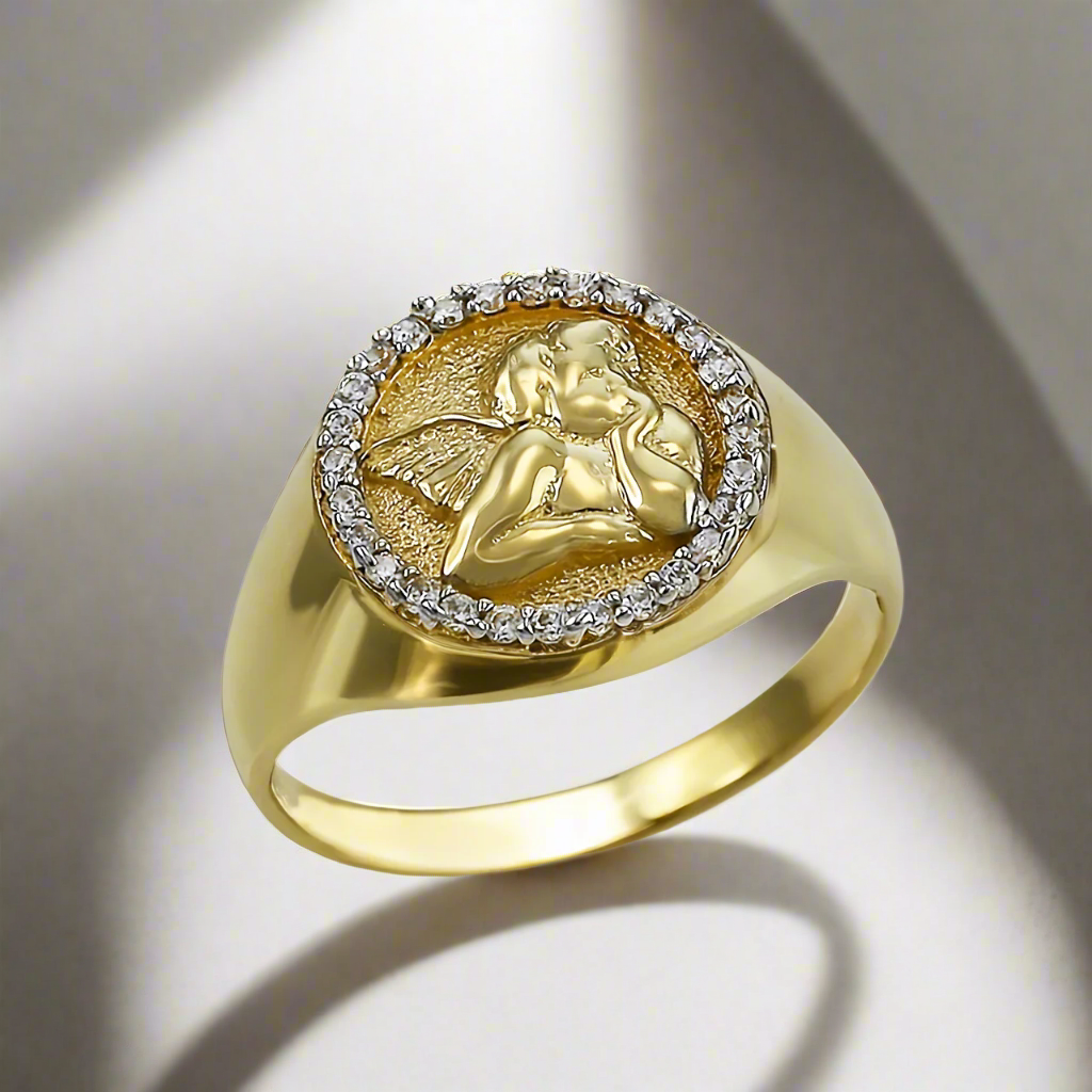 Polished Gold Cupid Cherub Angel Halo Diamond Round Signet Unisex Ring