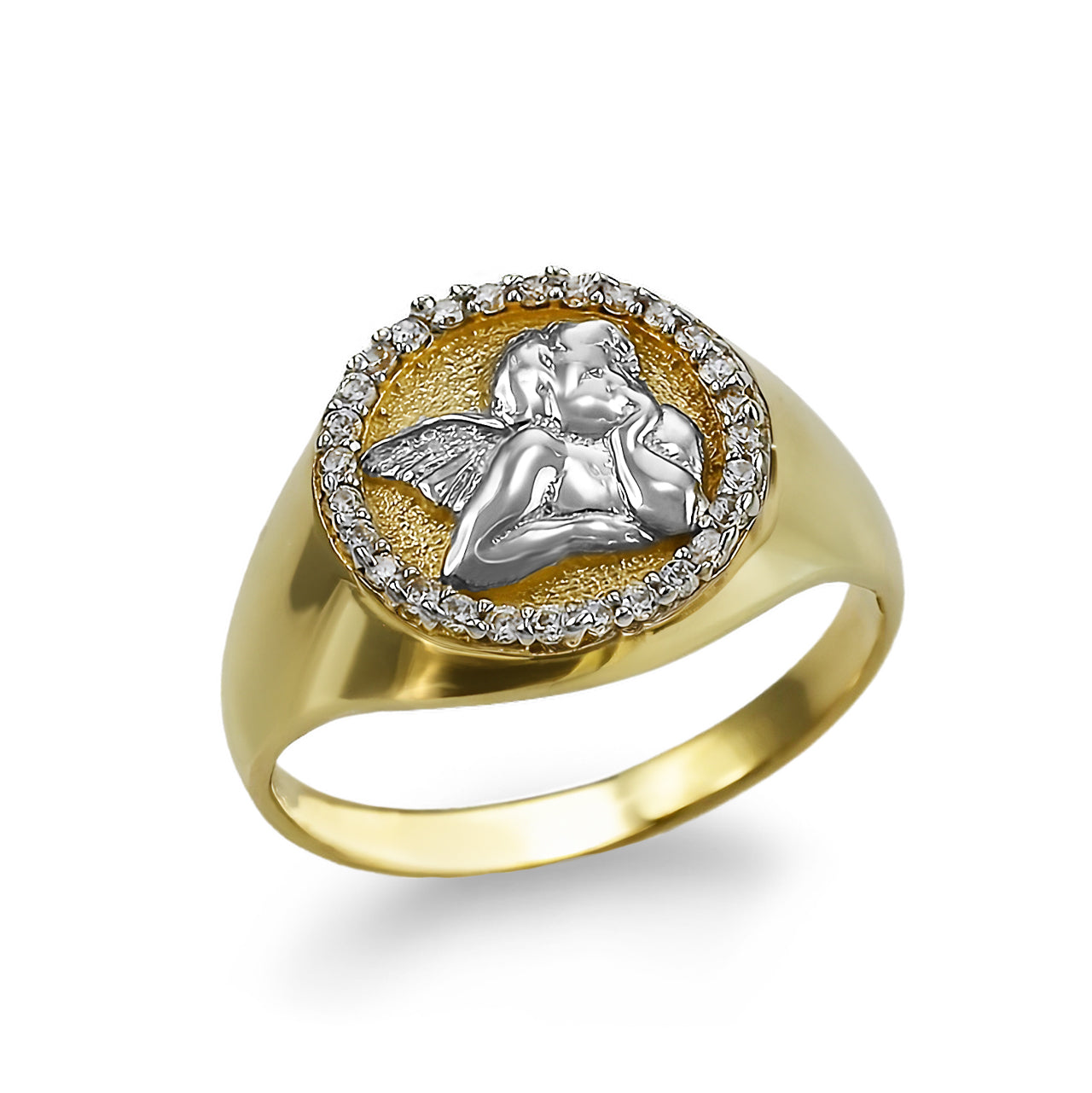 Polished Gold Cupid Cherub Angel Halo Diamond Round Signet Unisex Ring