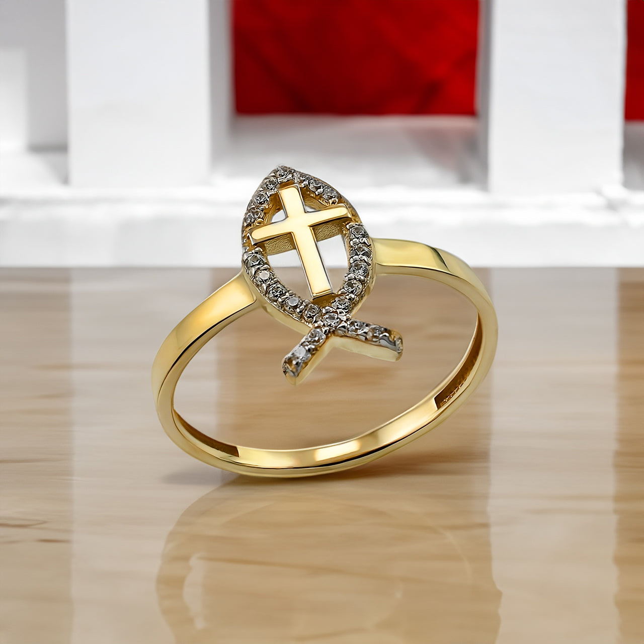 Gold Christian Faith Ichthys Fish Diamond Ring for Women