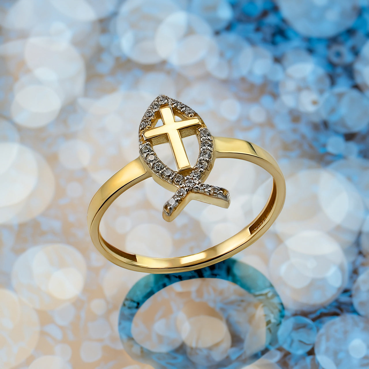 Gold Christian Faith Ichthys Fish Diamond Ring for Women