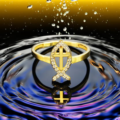 Gold Christian Faith Ichthys Fish Diamond Ring for Women