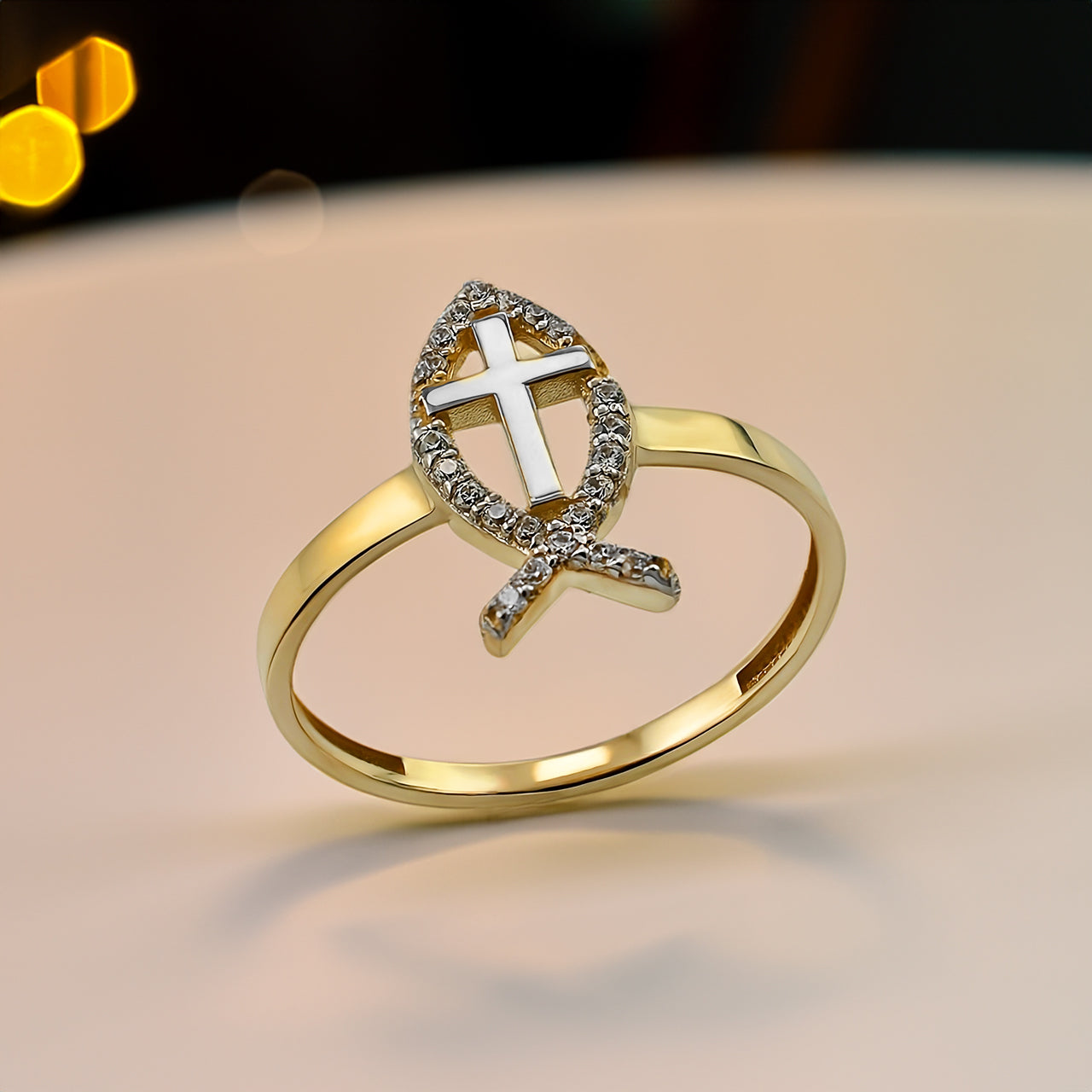 Gold Christian Faith Ichthys Fish Diamond Ring for Women