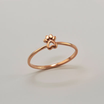 Minimalist Gold Paw Print Heart Ring For Women, 10K 14K, Yellow, White, Rose