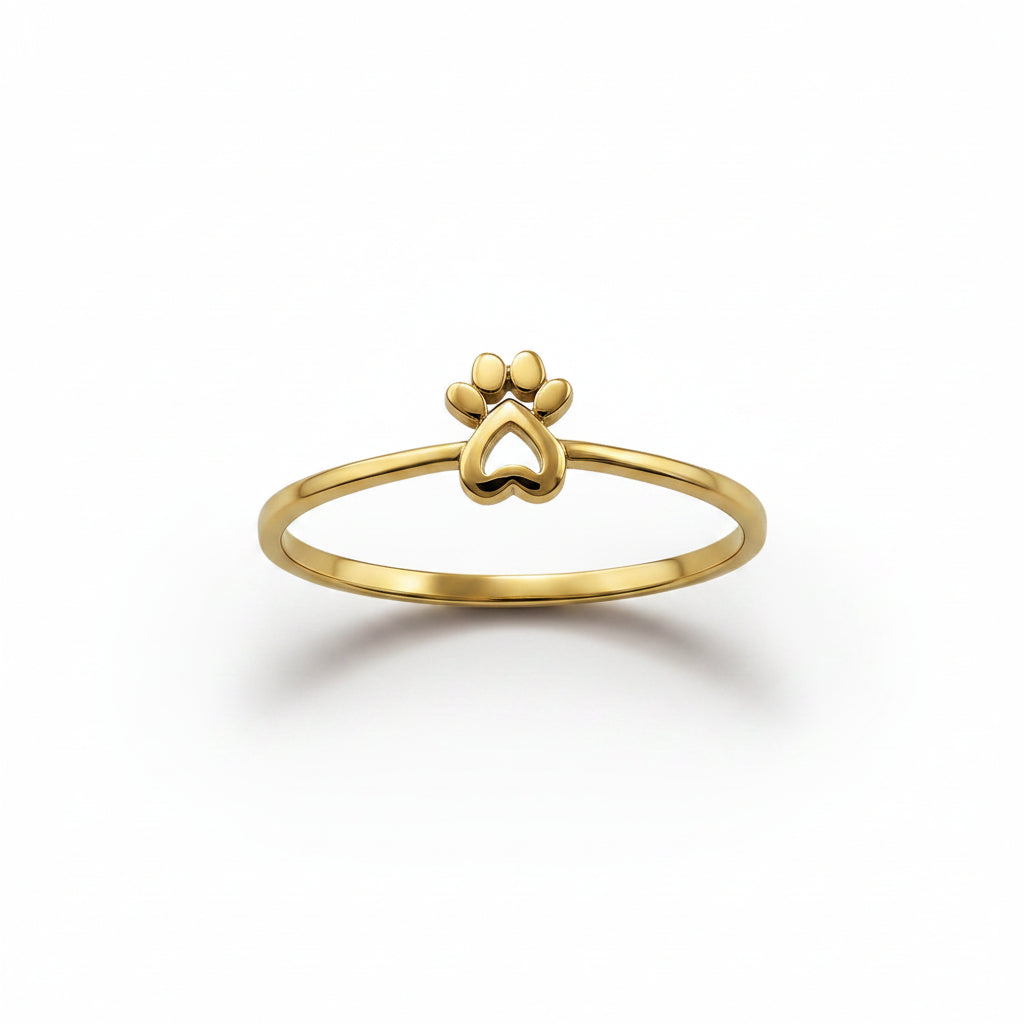 Minimalist Gold Paw Print Heart Ring For Women, 10K 14K, Yellow, White, Rose
