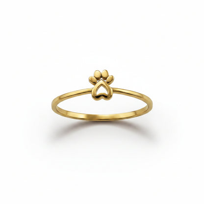 Minimalist Gold Paw Print Heart Ring For Women, 10K 14K, Yellow, White, Rose