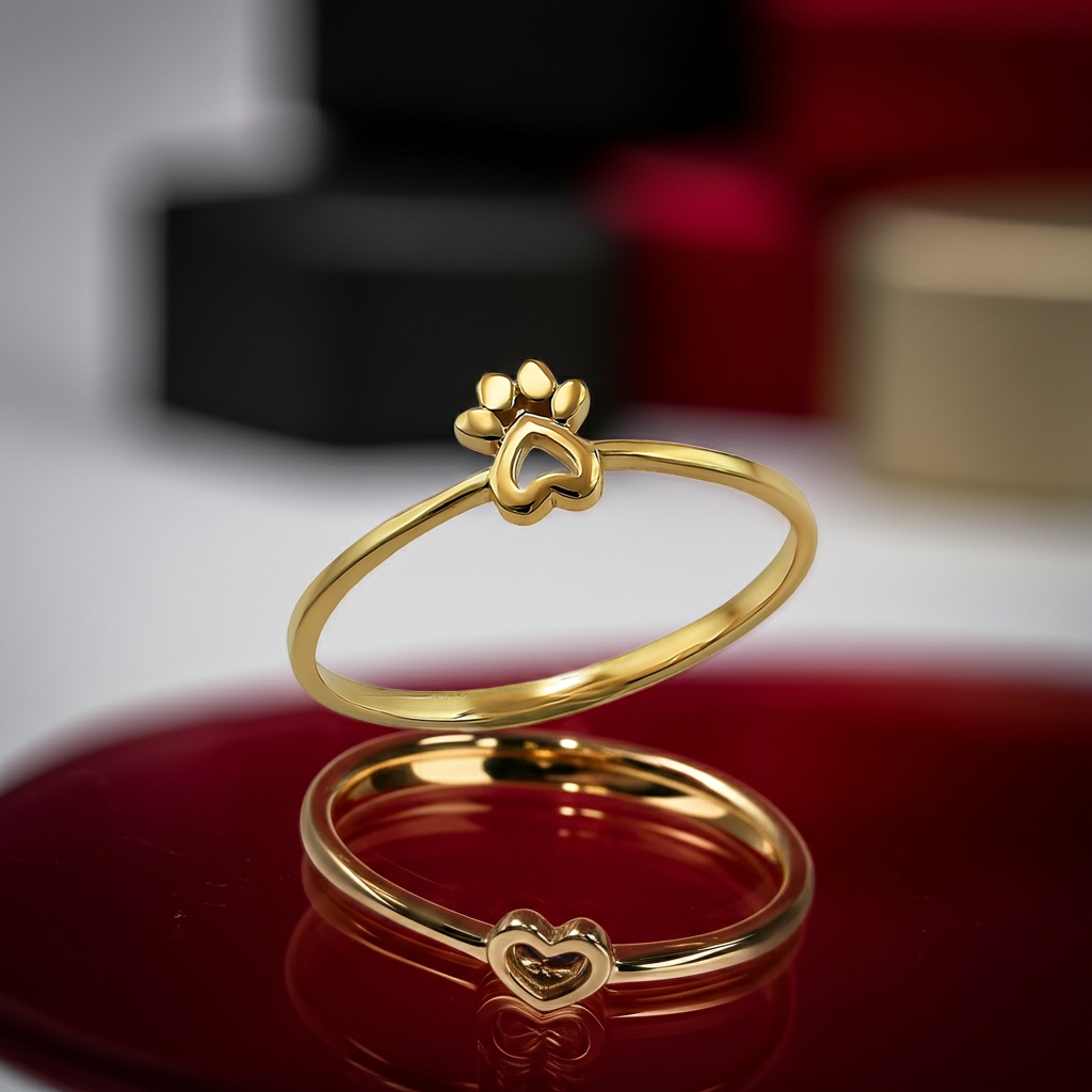 Minimalist Gold Paw Print Heart Ring For Women, 10K 14K, Yellow, White, Rose