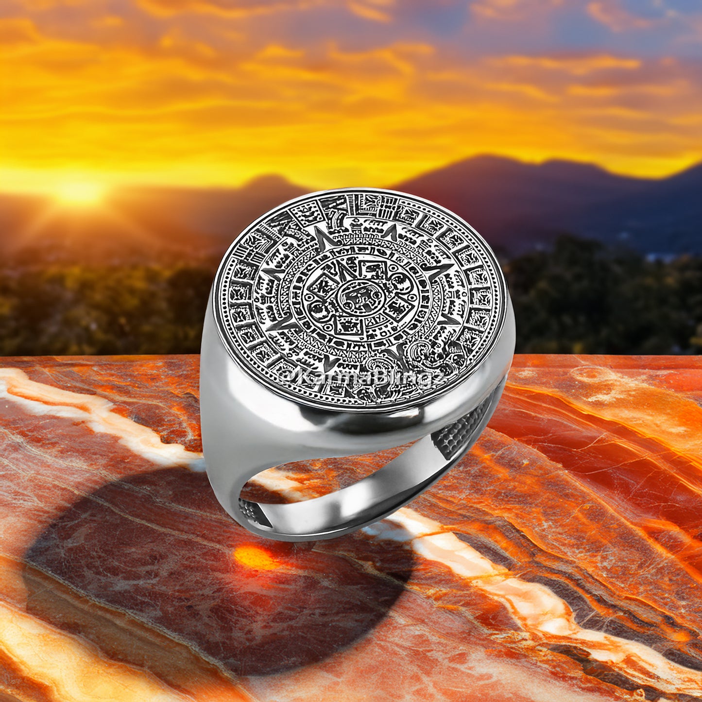 Gold Aztec Mayan Sun Calendar Men's DC Statement Ring