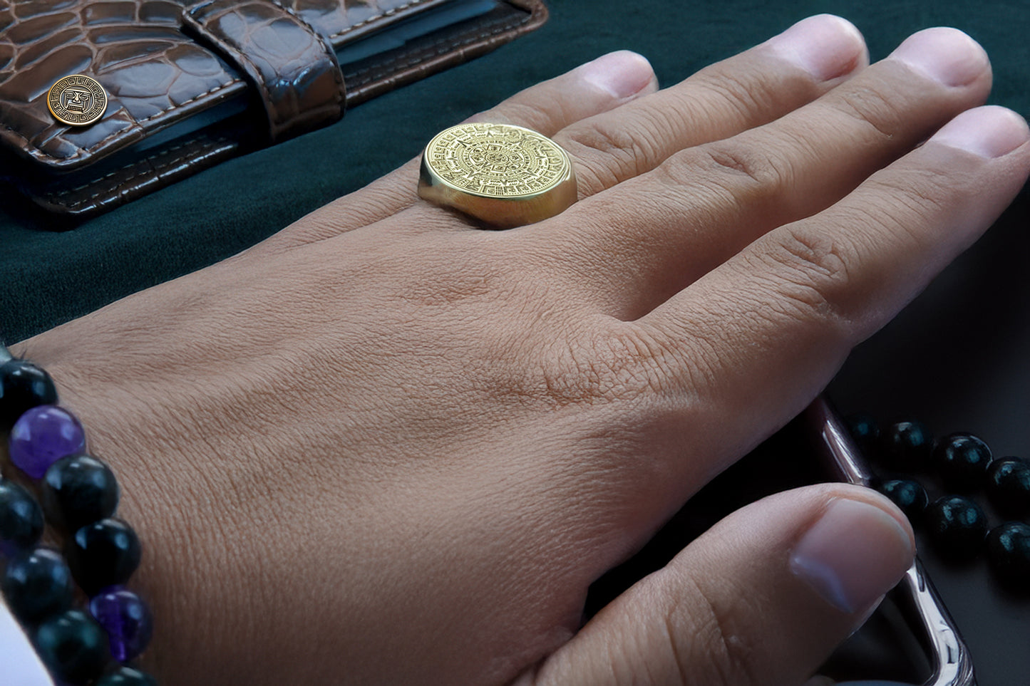 Gold Aztec Mayan Sun Calendar Men's DC Statement Ring