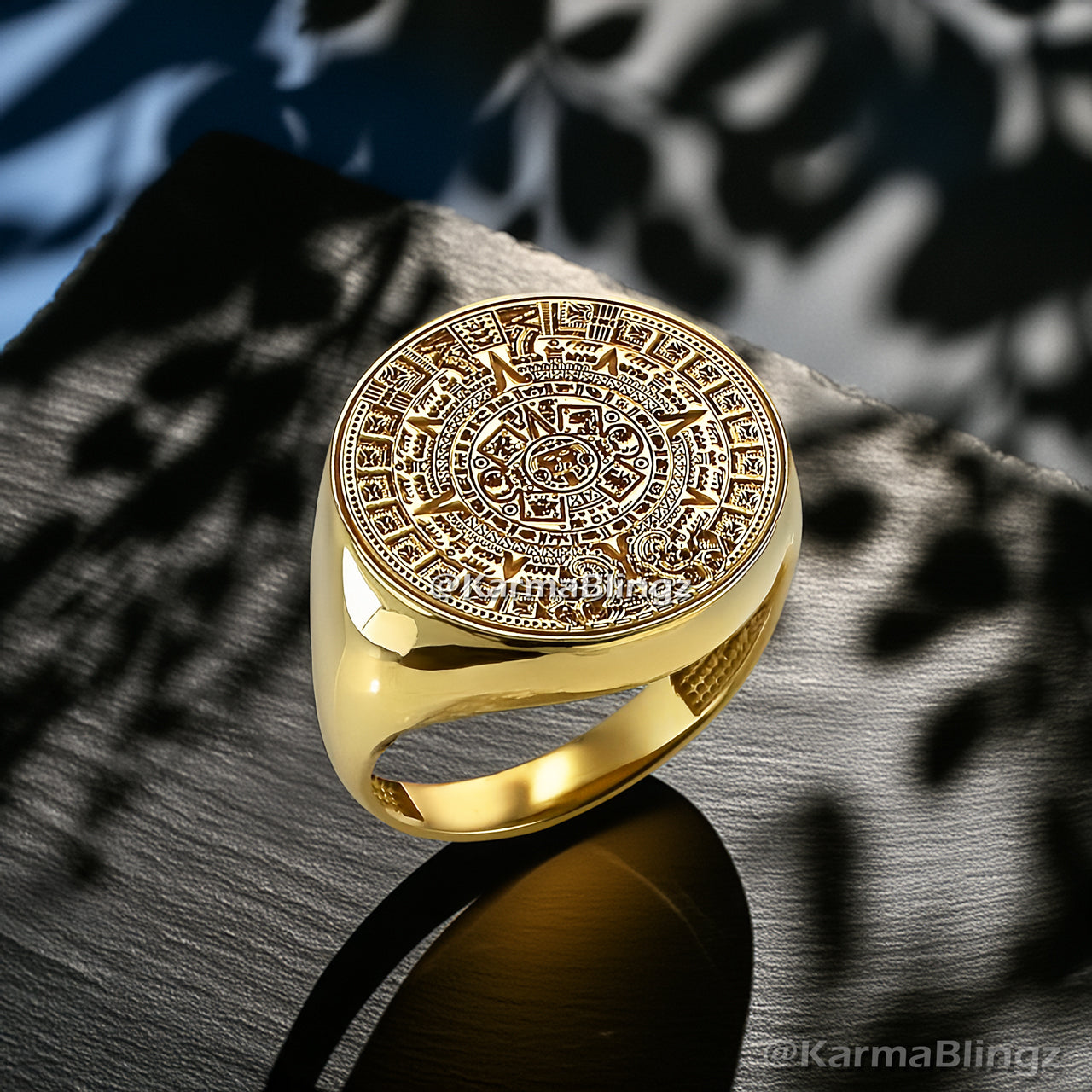 Gold Aztec Mayan Sun Calendar Men's DC Statement Ring