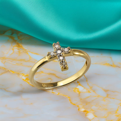 Elegant Minimalist Diamond Cross Gold Ring for Women 14K Yellow, White, or Rose Gold
