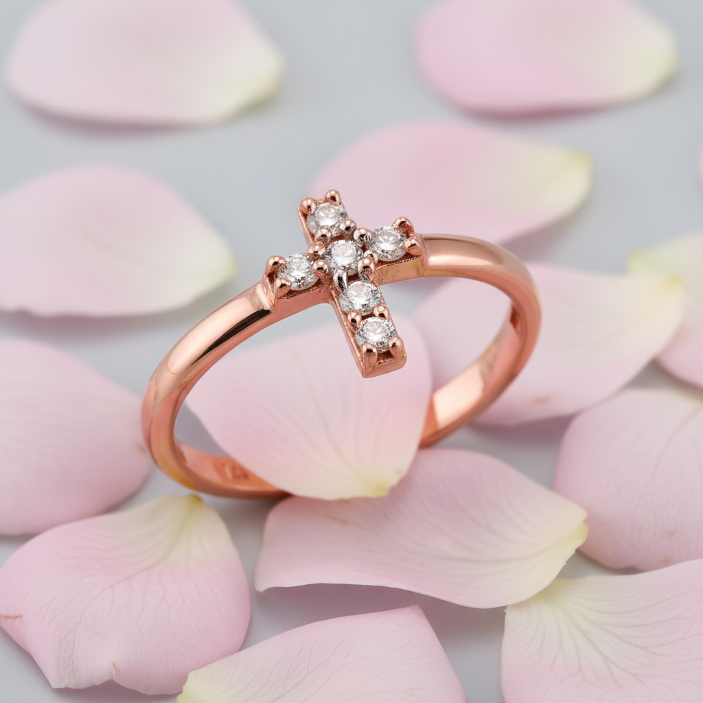 A rose gold ring with a cross-shaped setting set with small clear gemstones, resting on scattered pale pink rose petals.