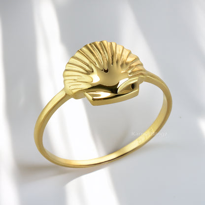 Yellow Gold Tiny Seashell Ring – Women’s Stacking Band, 10K or 14K Dainty Ocean Jewelry