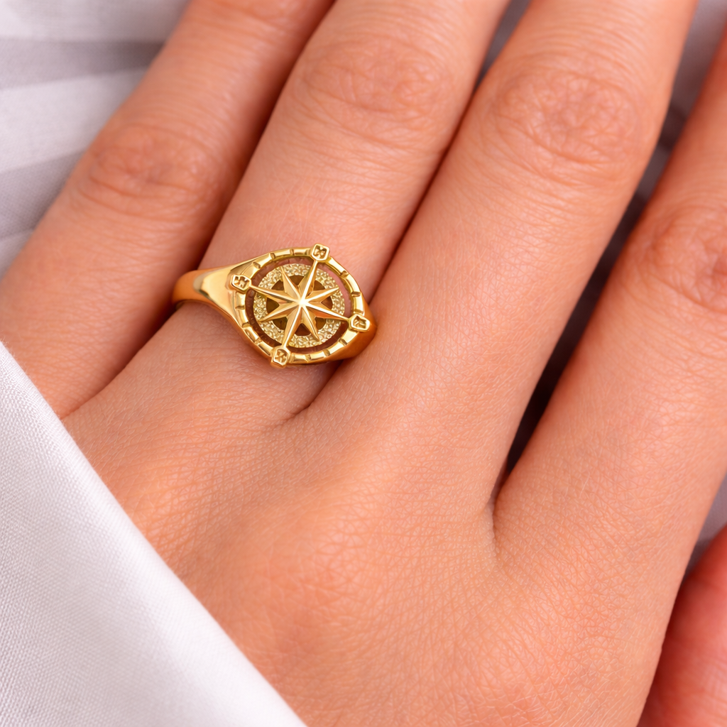 Gold Compass Ring for Women North Star Compass Rose Signet Ring (yellow, white, rose, 10k / 14k)