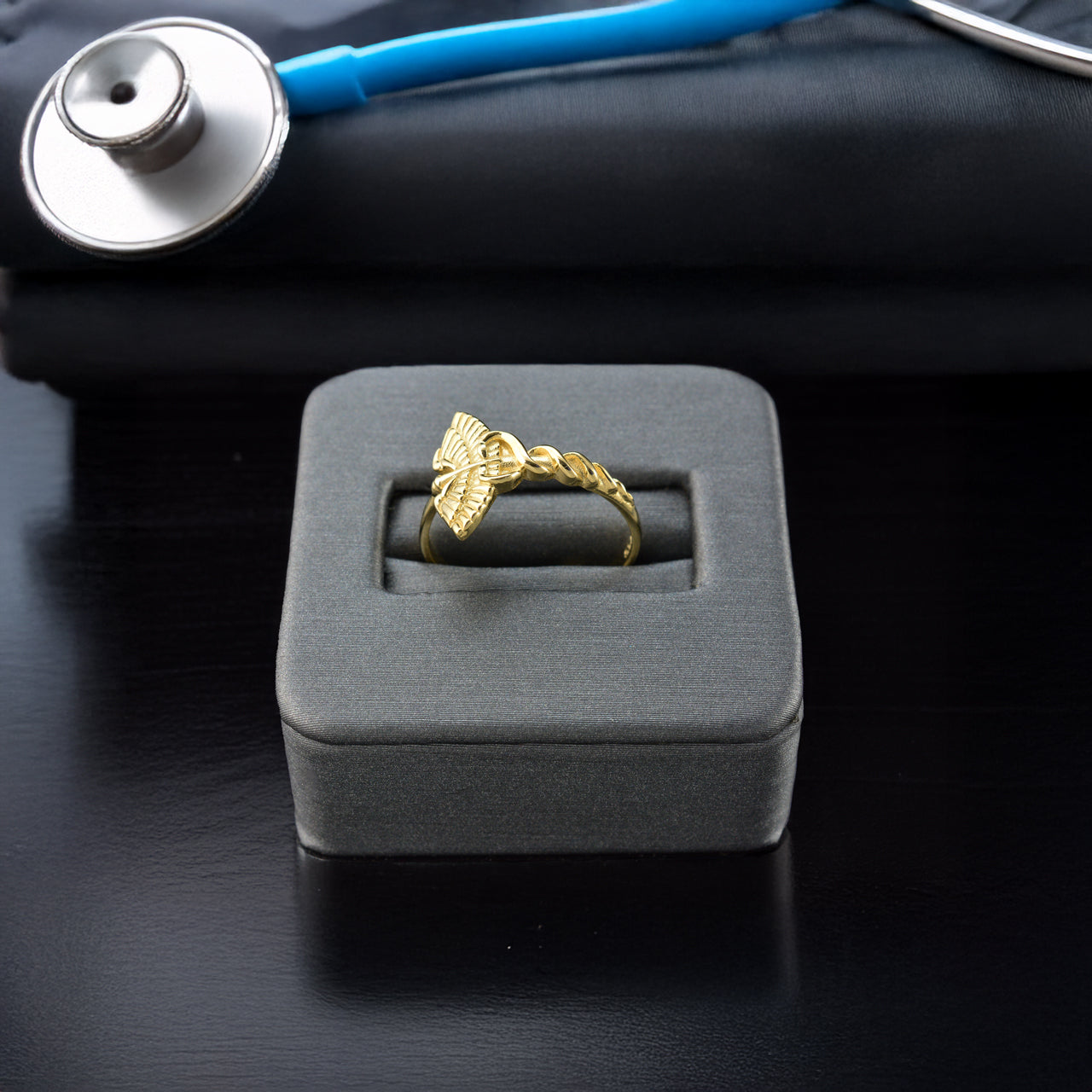 Gold Caduceus Heart Ring for Women 10k or 14k Medical Symbol Jewelry
