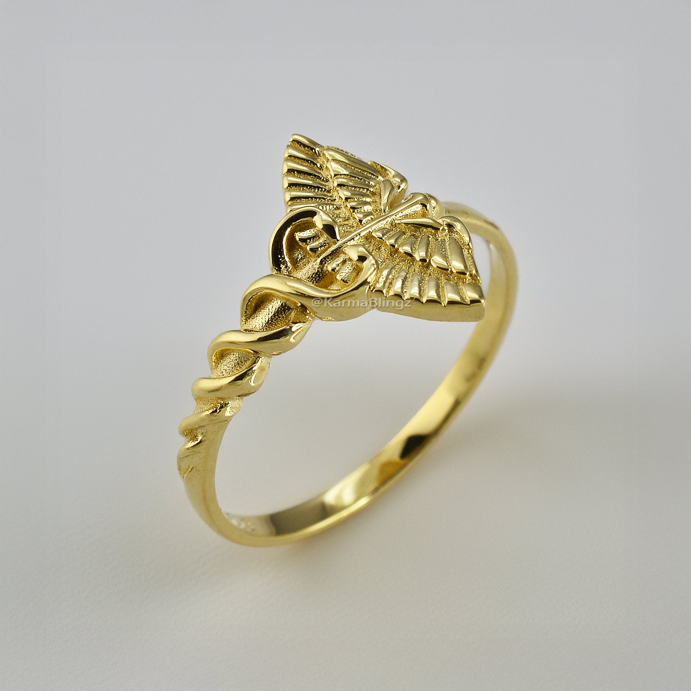 Gold Caduceus Heart Ring for Women 10k or 14k Medical Symbol Jewelry