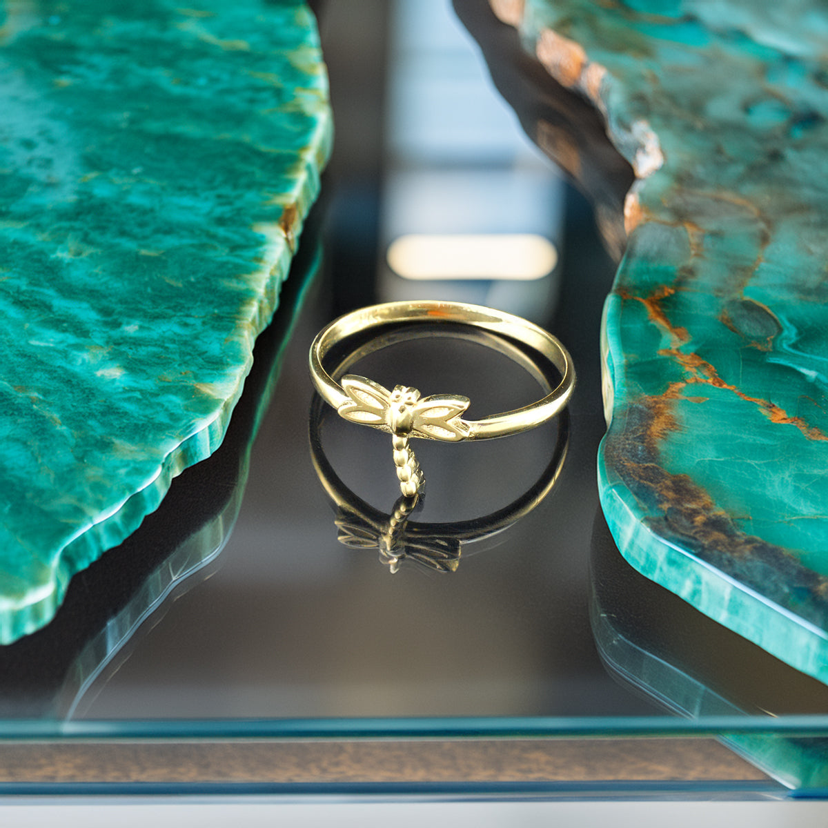 Gold Tiny Dragonfly Dainty Ring Minimalist Band 10K 14K Yellow, White, Rose