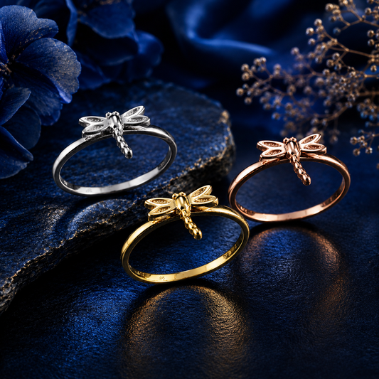 Gold Tiny Dragonfly Dainty Ring Minimalist Band 10K 14K Yellow, White, Rose