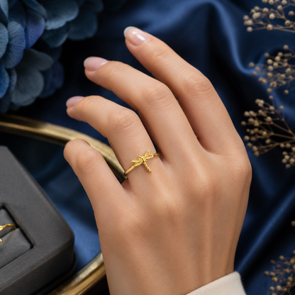 Gold Tiny Dragonfly Dainty Ring Minimalist Band 10K 14K Yellow, White, Rose
