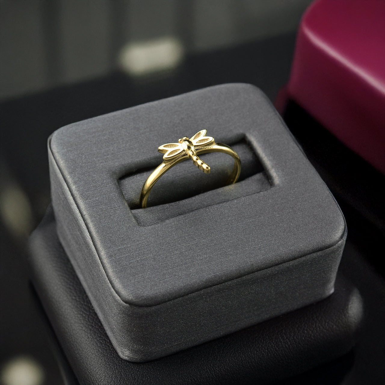 Gold Tiny Dragonfly Dainty Ring Minimalist Band 10K 14K Yellow, White, Rose
