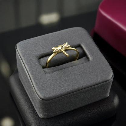Gold Tiny Dragonfly Dainty Ring Minimalist Band 10K 14K Yellow, White, Rose