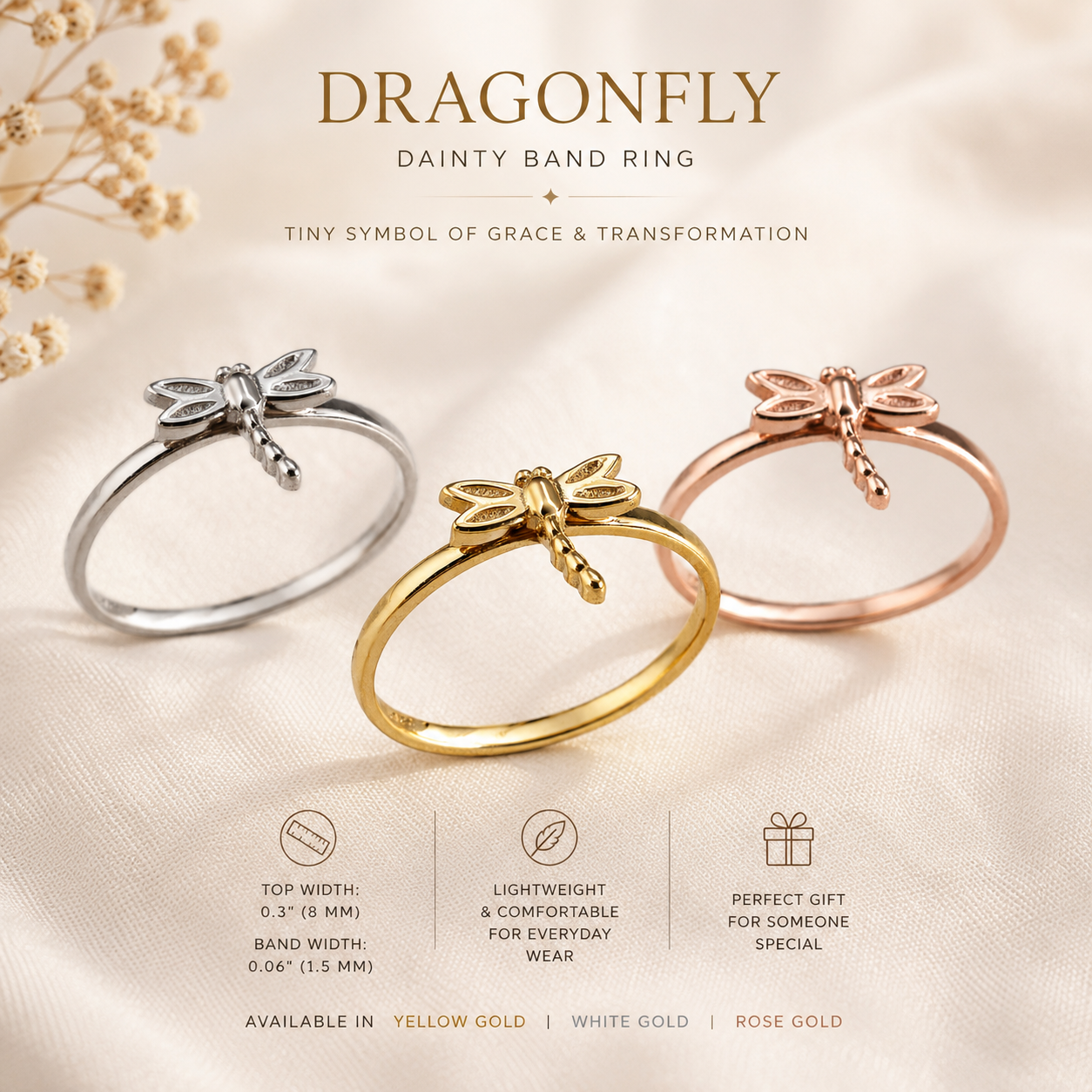 Gold Tiny Dragonfly Dainty Ring Minimalist Band 10K 14K Yellow, White, Rose