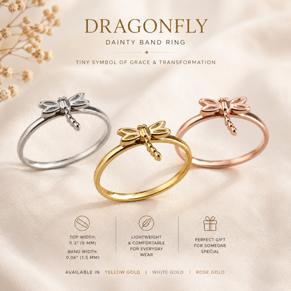 Gold Tiny Dragonfly Dainty Ring Minimalist Band 10K 14K Yellow, White, Rose