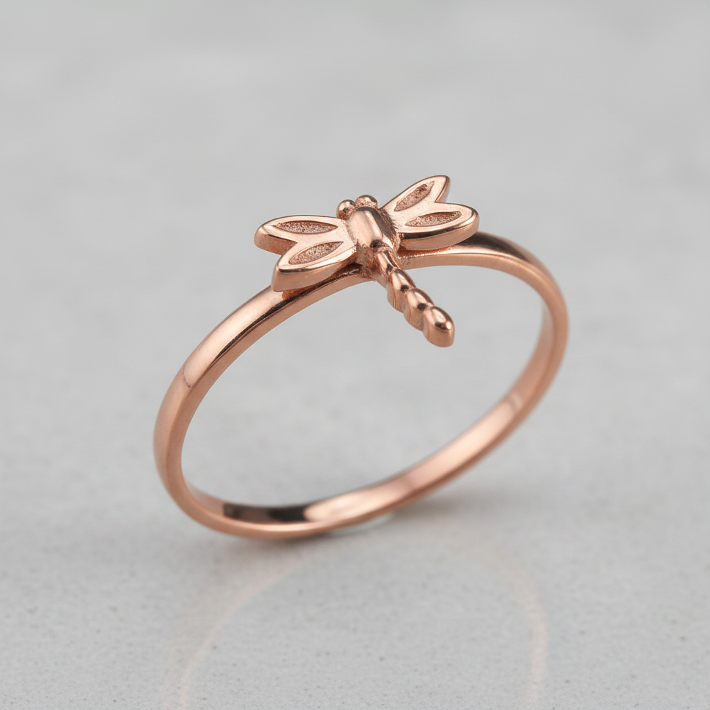 Rose gold dragonfly ring on a light gray background
