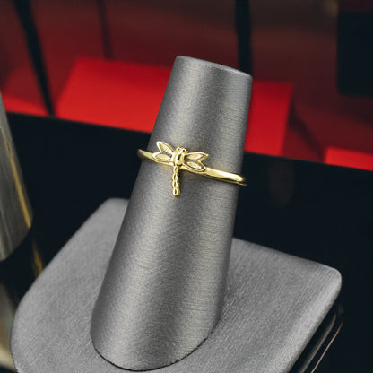 Gold Tiny Dragonfly Dainty Ring Minimalist Band 10K 14K Yellow, White, Rose