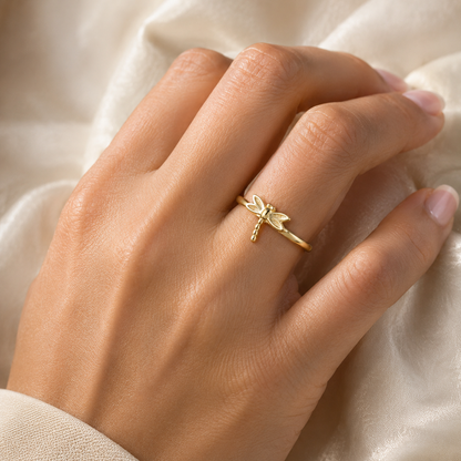 Gold Tiny Dragonfly Dainty Ring Minimalist Band 10K 14K Yellow, White, Rose
