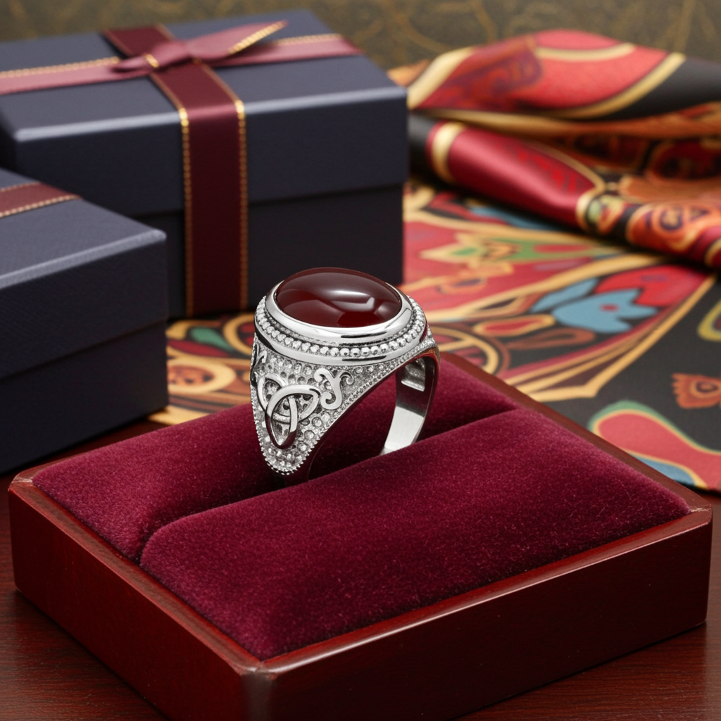 Sterling Silver Celtic Trinity Band Red Onyx Gemstone Ring
