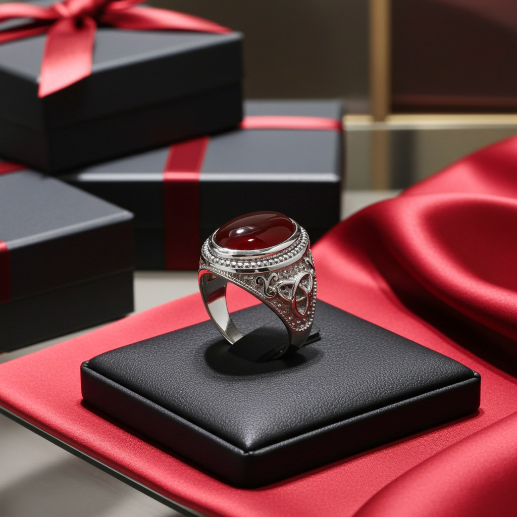Sterling Silver Celtic Trinity Band Red Onyx Gemstone Ring
