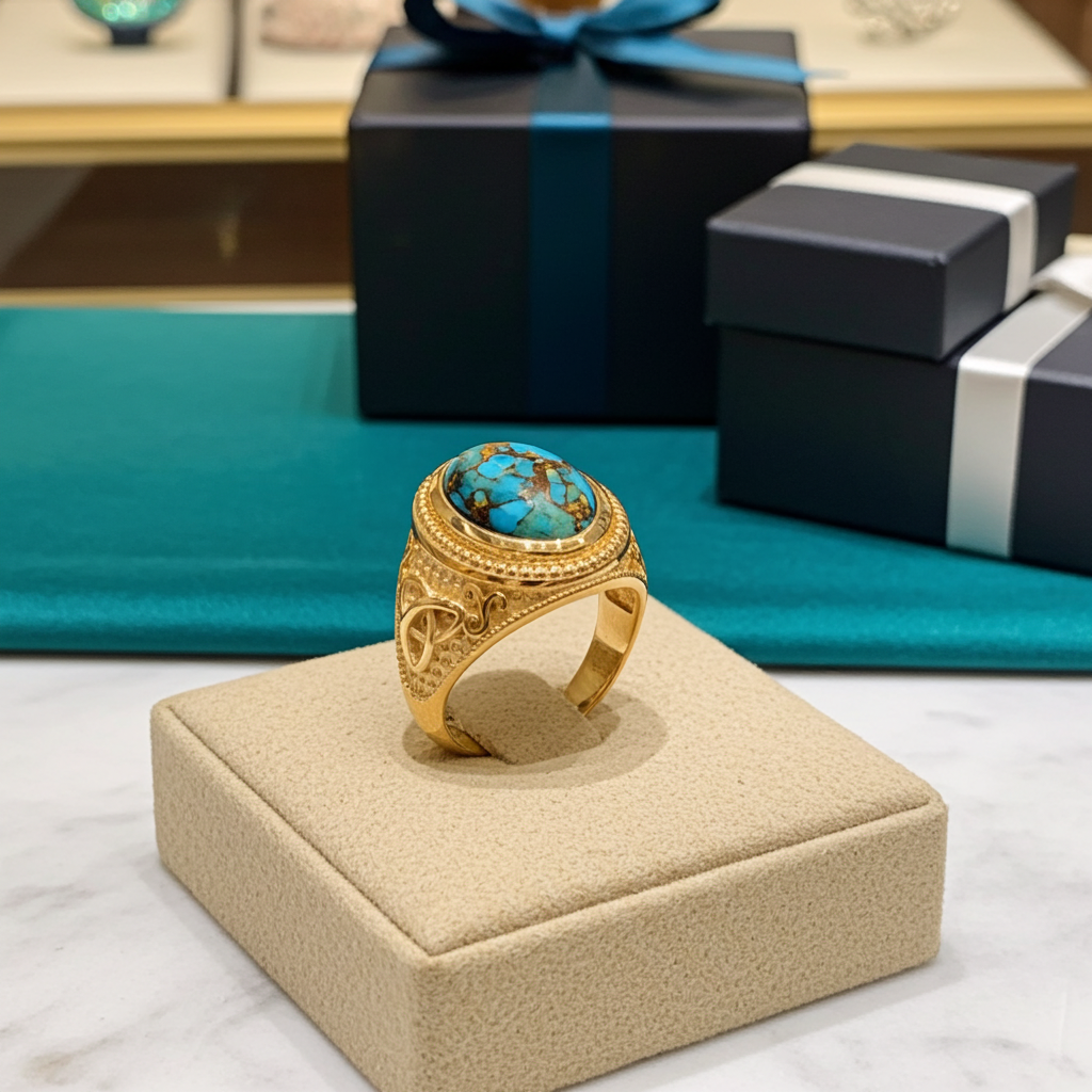 Gold Celtic Knot Blue Copper Turquoise Ring
