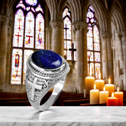 Sterling Silver Christian Cross Lapis Lazuli Gemstone Ring