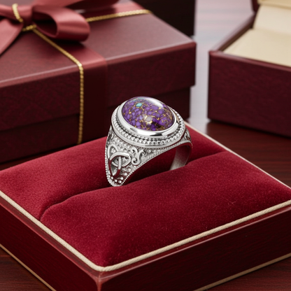 Sterling Silver Celtic Triquetra Purple Copper Turquoise Ring