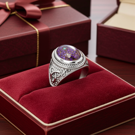 Sterling Silver Celtic Triquetra Purple Copper Turquoise Ring