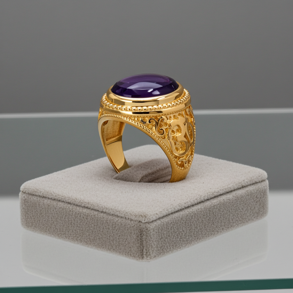 Gold Om (Aum) Mantra Oval Amethyst Cabochon Yoga Ring