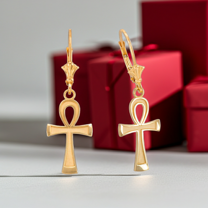 14K Gold Egyptian Ankh Cross Earrings (yellow, white, rose gold)