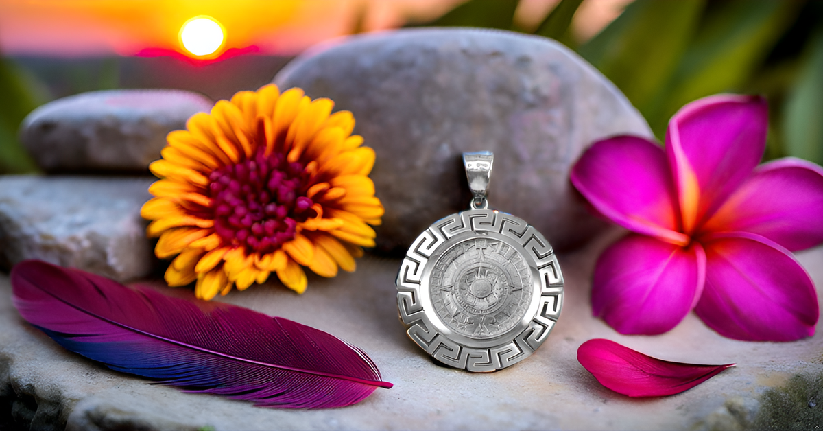 Sterling Silver Aztec Bezel Mayan Sun Calendar Pendant