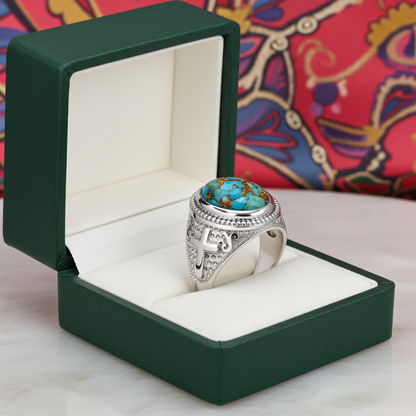Sterling Silver Christian Cross Blue Copper Turquoise Ring