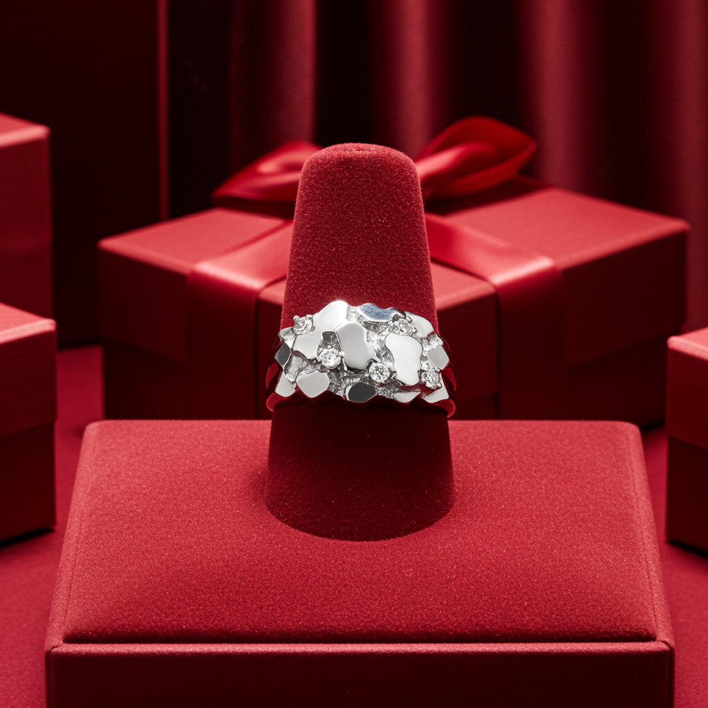 Mens Sterling Silver CZ Nugget Ring