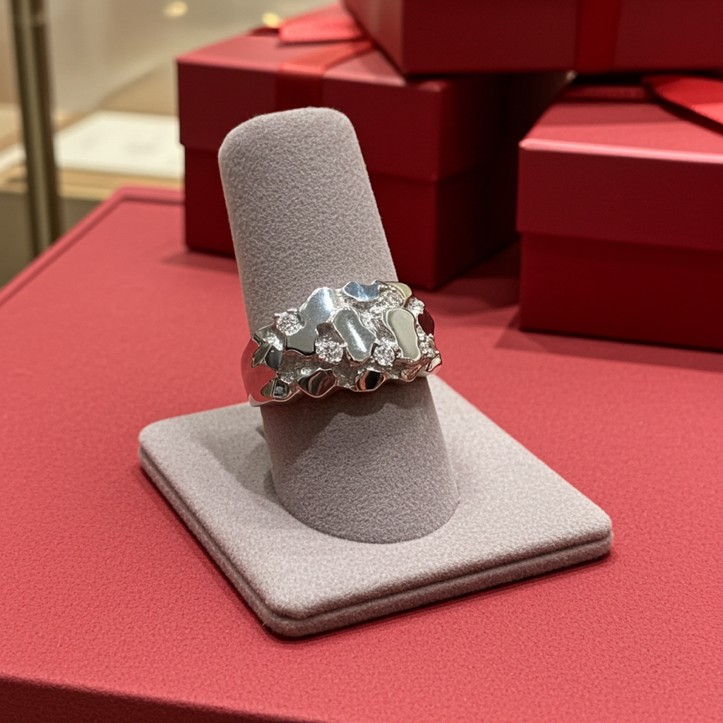Mens Sterling Silver CZ Nugget Ring