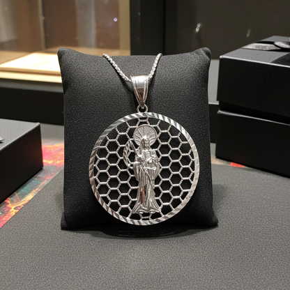 Gold Santa Muerte Round Honeycomb DC Pendant (yellow, white, rose, 2-tone, 10k, 14k)
