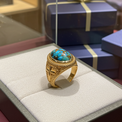 Solid Gold Christian Cross Blue Copper Turquoise Ring Oval Cabochon Gemstone