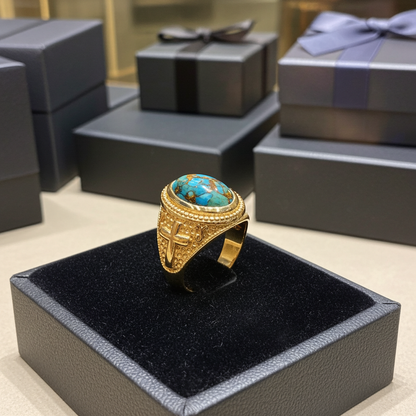 Solid Gold Christian Cross Blue Copper Turquoise Ring Oval Cabochon Gemstone