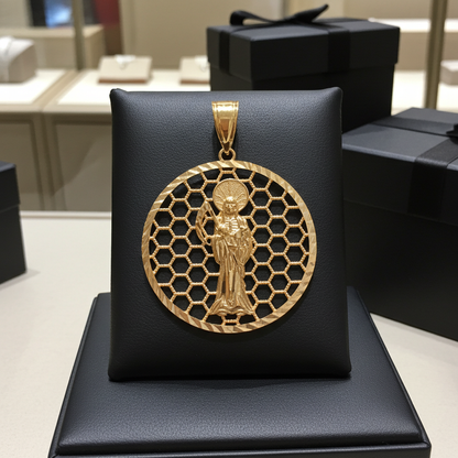 Gold Santa Muerte Round Honeycomb DC Pendant (yellow, white, rose, 2-tone, 10k, 14k)