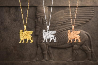 Gold Ancient Assyrian God Lamassu Winged Bull Pendant Necklace (yellow/white/rose)