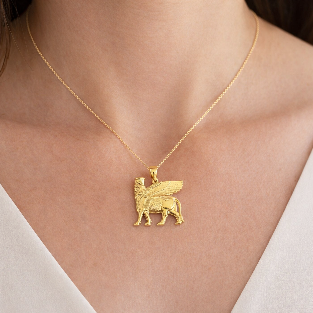 Gold Ancient Assyrian God Lamassu Winged Bull Pendant Necklace (yellow/white/rose)