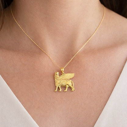 Gold Ancient Assyrian God Lamassu Winged Bull Pendant Necklace (yellow/white/rose)