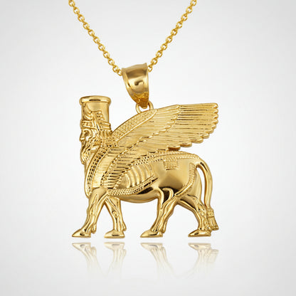 Gold Ancient Assyrian God Lamassu Winged Bull Pendant Necklace (yellow/white/rose)