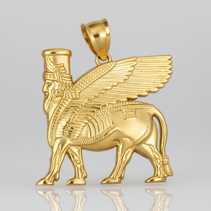 Gold Ancient Assyrian God Lamassu Winged Bull Pendant Necklace (yellow/white/rose)